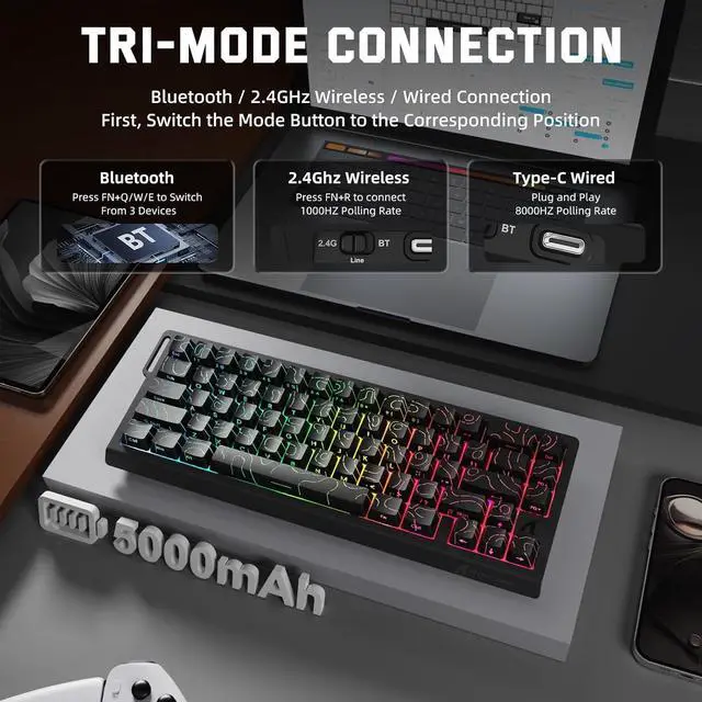 Alt view image 4 of 7 - Attack Shark X68HE PRO Rapid Trigger Wireless Gaming Keyboard and X11 Mouse, 8K Polling Rate,Hall Effect Magnetic Switch Keyboard, Tri-Mode Mouse with Magnetic Charging Dock, 22000 DPI for PC Mac