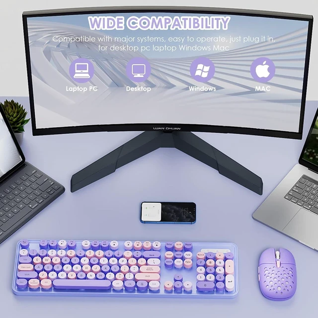 Alt view image 5 of 7 - Acogedor 2.4G Keyboard and Combo, Colorful Cute Round Keycaps Typewriter Keyboard with USB Receiver, for PC Laptop Desktop (Mixed Color Yellow)