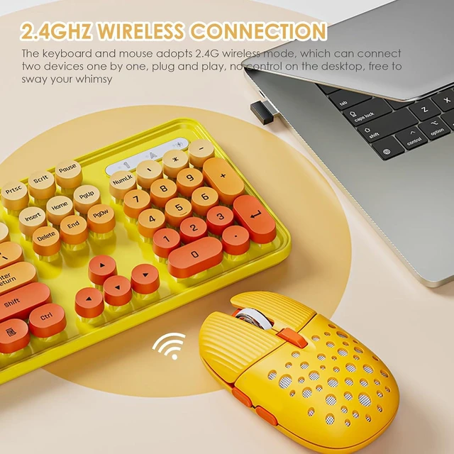 Alt view image 2 of 7 - Acogedor 2.4G Keyboard and Combo, Colorful Cute Round Keycaps Typewriter Keyboard with USB Receiver, for PC Laptop Desktop (Mixed Color Yellow)
