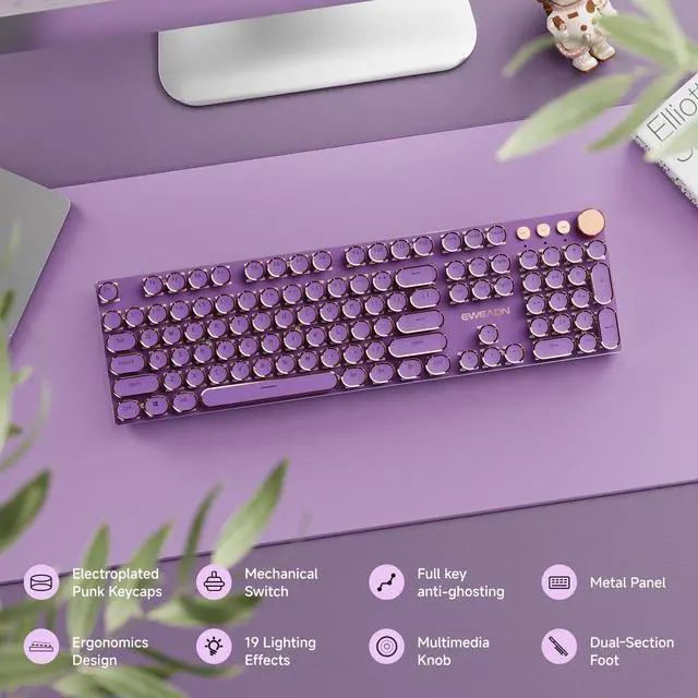 Alt view image 2 of 7 - EWEADN Typewriter Style Mechanical Keyboard, Wired Typewriter Keyboards,104 Keys Backlit LED Metal Keyboards, Media Control Knob, Wired Computer Keyboard Pink Switch for Windows/Mac/PC-Purple