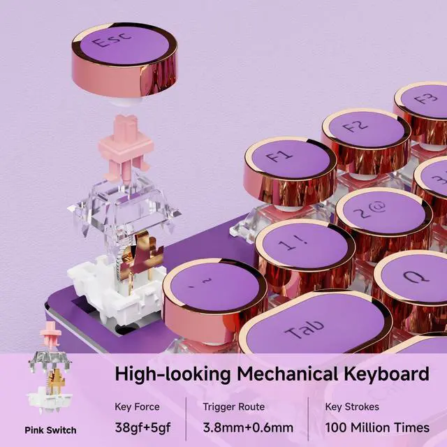 Alt view image 5 of 7 - EWEADN Typewriter Style Mechanical Keyboard, Wired Typewriter Keyboards,104 Keys Backlit LED Metal Keyboards, Media Control Knob, Wired Computer Keyboard Pink Switch for Windows/Mac/PC-Purple