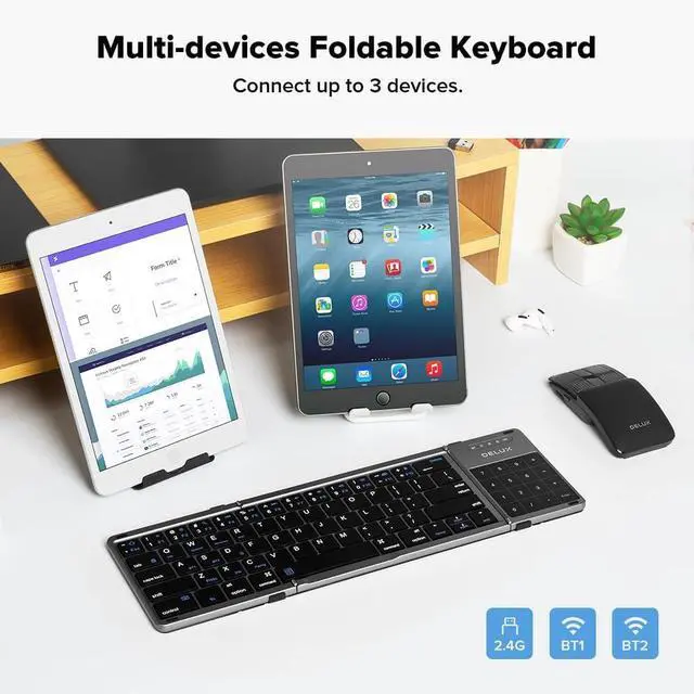 Alt view image 4 of 7 - DELUX Foldable Keyboard with Touchpad and Numeric Keypad, 2.4G Wireless and Bluetooth, Rechargeable Folding Keyboard with PU Leather, Portable Travel Keyboard for iOS Android Windows Tablet (KF18)