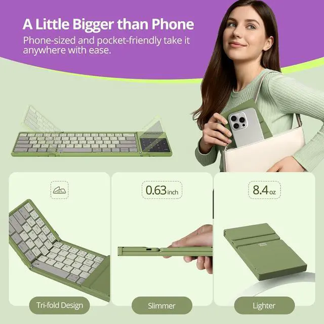 Alt view image 2 of 7 - Nillkin Pocket Foldable Keyboard with Touchpad & Wireless Bluetooth, Portable Travel Keyboard for Home or Mobile Office Replaces Keypads and Mouse Combo, Compatible with iPad, Laptop, Tablet - Green