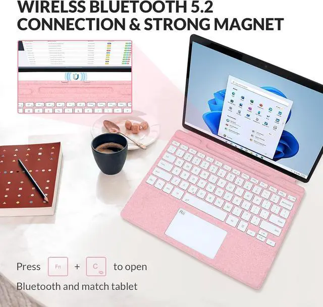 Alt view image 3 of 7 - Rii Surface Pro Type Cover,Ultra-Slim Portable Bluetooth Wireless Keyboard with Touchpad,7 Color Backlit,Compatible with Microsoft Surface Pro 8/Pro 9/Pro X Only,Pink