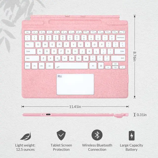 Alt view image 7 of 7 - Rii Surface Pro Type Cover,Ultra-Slim Portable Bluetooth Wireless Keyboard with Touchpad,7 Color Backlit,Compatible with Microsoft Surface Pro 8/Pro 9/Pro X Only,Pink