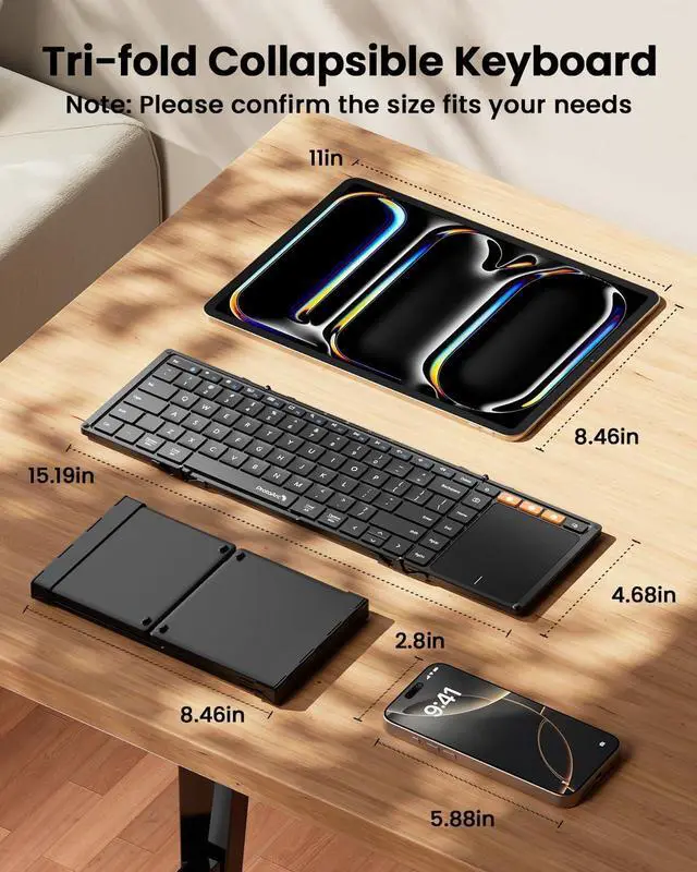 Alt view image 3 of 7 - ProtoArc Foldable Keyboard with Touchpad, XK01 TP Folding Portable Keyboard, Full Size Keys, Large Trackpad Bluetooth Travel Keyboards for iPad Laptop PC Tablets -Black