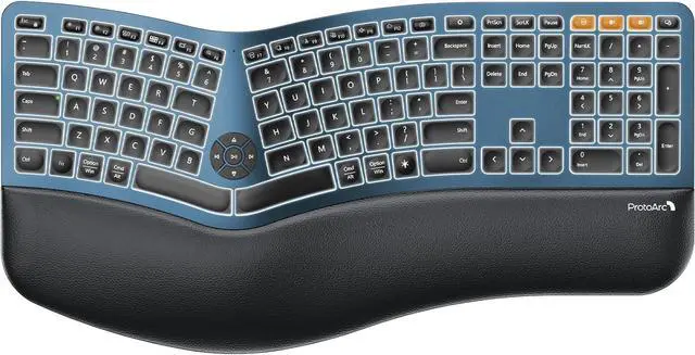 Main image of ProtoArc Backlit Wireless Ergonomic Keyboard, EK01 Plus Full Size Ergo Keyboard with Wrist Rest, Split Design, Rechargeable, Bluetooth and USB, Natural Typing Compatible with Windows/Mac/Android, Blue
