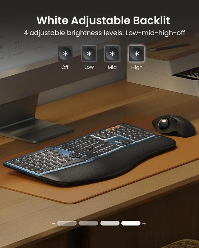 Alt view image 2 of 7 - ProtoArc Backlit Wireless Ergonomic Keyboard, EK01 Plus Full Size Ergo Keyboard with Wrist Rest, Split Design, Rechargeable, Bluetooth and USB, Natural Typing Compatible with Windows/Mac/Android, Blue