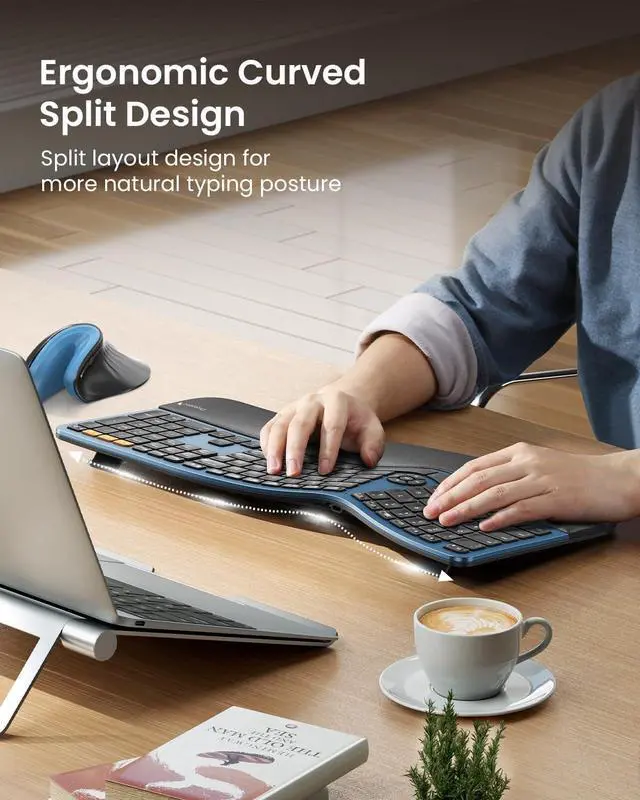 Alt view image 4 of 7 - ProtoArc Backlit Wireless Ergonomic Keyboard, EK01 Plus Full Size Ergo Keyboard with Wrist Rest, Split Design, Rechargeable, Bluetooth and USB, Natural Typing Compatible with Windows/Mac/Android, Blue