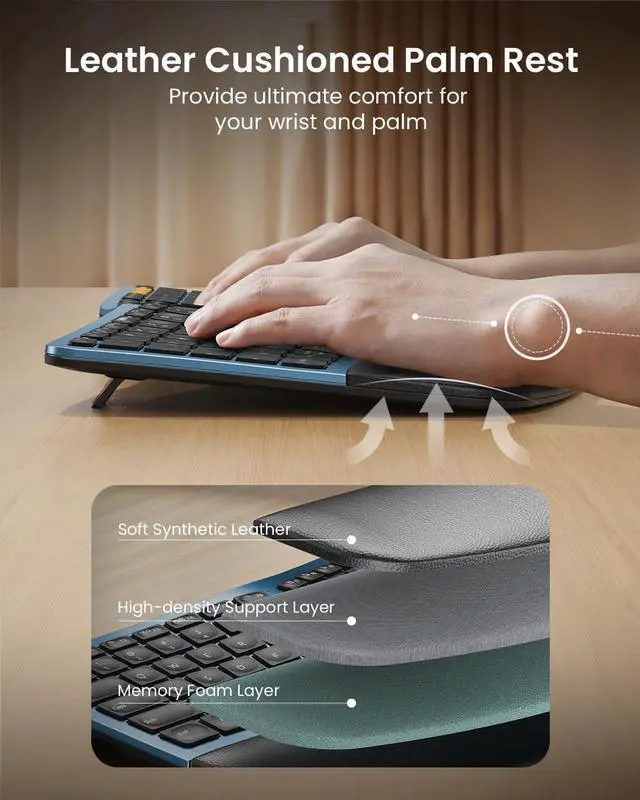 Alt view image 7 of 7 - ProtoArc Backlit Wireless Ergonomic Keyboard, EK01 Plus Full Size Ergo Keyboard with Wrist Rest, Split Design, Rechargeable, Bluetooth and USB, Natural Typing Compatible with Windows/Mac/Android, Blue