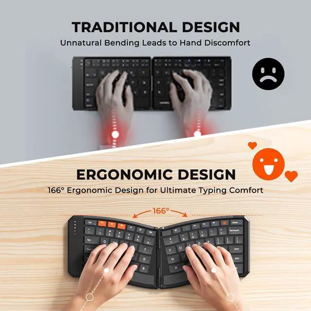 Alt view image 2 of 7 - MEETION Foldable Ergonomic Bluetooth Keyboard, Split Portable Compact Keyboard for Business Travel, Ultra-Thin Folding Rechargeable Wireless Keyboard for iOS Android Windows/Mac Tablet PC