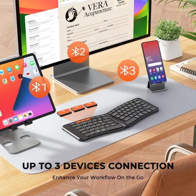 Alt view image 4 of 7 - MEETION Foldable Ergonomic Bluetooth Keyboard, Split Portable Compact Keyboard for Business Travel, Ultra-Thin Folding Rechargeable Wireless Keyboard for iOS Android Windows/Mac Tablet PC