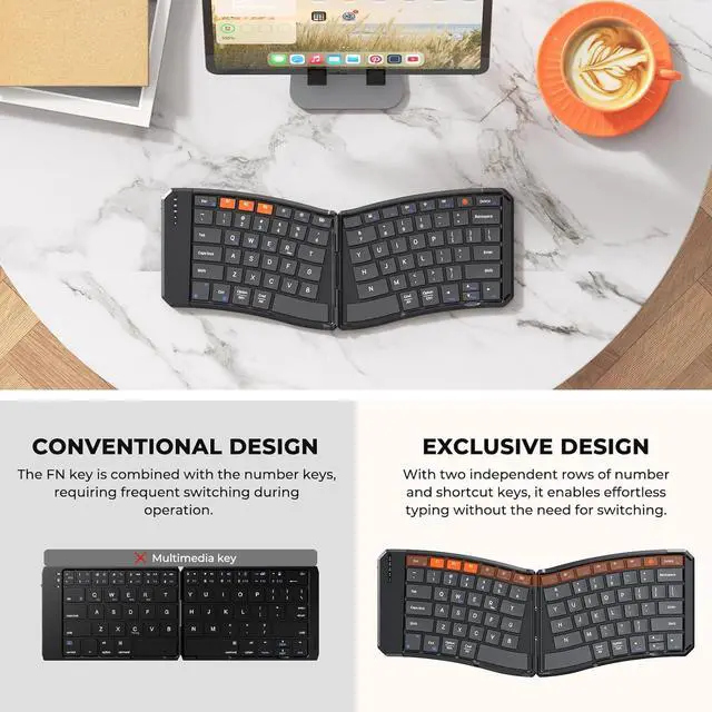 Alt view image 7 of 7 - MEETION Foldable Ergonomic Bluetooth Keyboard, Split Portable Compact Keyboard for Business Travel, Ultra-Thin Folding Rechargeable Wireless Keyboard for iOS Android Windows/Mac Tablet PC