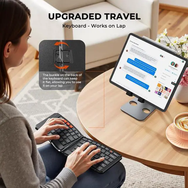 Alt view image 6 of 7 - MEETION Foldable Ergonomic Bluetooth Keyboard, Split Portable Compact Keyboard for Business Travel, Ultra-Thin Folding Rechargeable Wireless Keyboard for iOS Android Windows/Mac Tablet PC