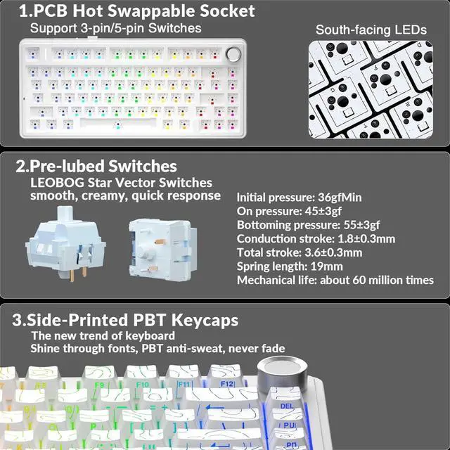 Alt view image 4 of 7 - AULA F75 Pro Wireless Mechanical Keyboard with Knob,75% Hot Swappable Custom Gaming Keyboards,RGB Backlit,Pre-lubed Switches,Side Printed PBT Keycaps Creamy Sounding Computer Keyboard, Line White