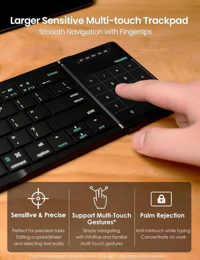 Alt view image 4 of 7 - Nillkin Foldable Travel Keyborad with Touchpad & Number Pad, Bluetooth Wireless Portable Folding Full Size Keyboard with Trackpad for PC Laptop iPad Tablets Smartphone, Silicone Leather Cover, Black