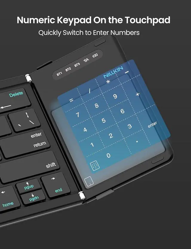 Alt view image 5 of 7 - Nillkin Foldable Travel Keyborad with Touchpad & Number Pad, Bluetooth Wireless Portable Folding Full Size Keyboard with Trackpad for PC Laptop iPad Tablets Smartphone, Silicone Leather Cover, Black