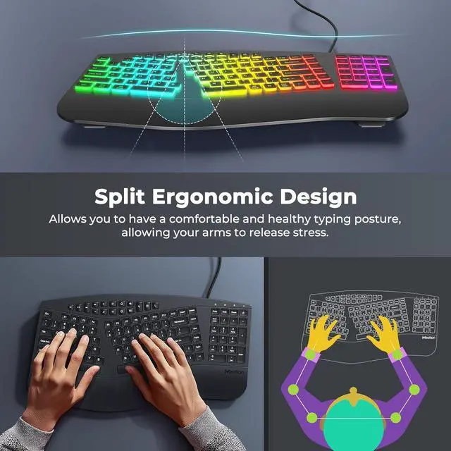 Alt view image 2 of 7 - MEETION Ergonomic Keyboard, Ergonomic Split Keyboard with Palm Rest, Backlit 7 Colors