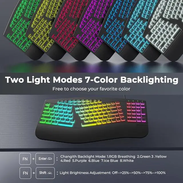 Alt view image 3 of 7 - MEETION Ergonomic Keyboard, Ergonomic Split Keyboard with Palm Rest, Backlit 7 Colors