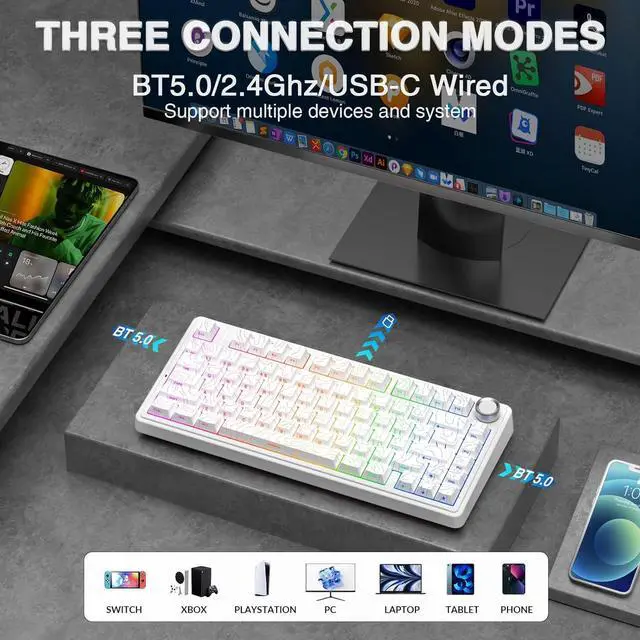 Alt view image 3 of 7 - AULA F75 Pro Wireless Mechanical Keyboard with Knob,75% Hot Swappable Custom Gaming Keyboards,RGB Backlit,Pre-lubed Switches,Side Printed PBT Keycaps Creamy Sounding Computer Keyboard, Line White