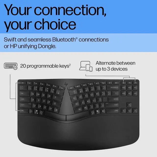 Alt view image 5 of 7 - HP 960 Ergonomic Wireless Keyboard - Connect 3 Devices with Bluetooth & Unifying Dongle Connectivity - 20 Programmable Keys, Detached Numeric Keypad - Extra-Large Foam Wrist Rest, Long Battery Life