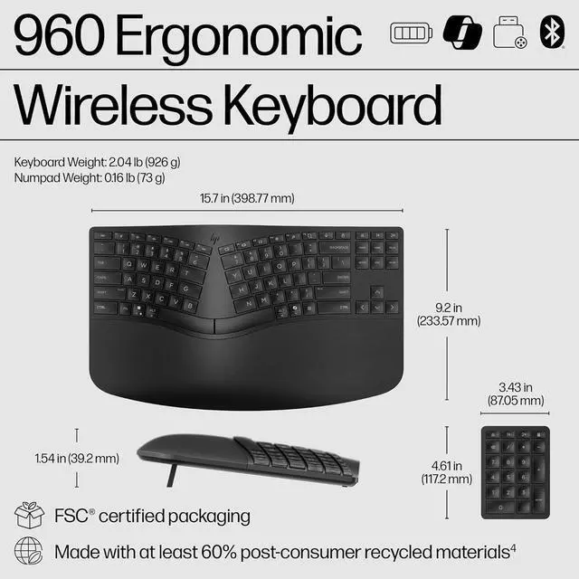 Alt view image 7 of 7 - HP 960 Ergonomic Wireless Keyboard - Connect 3 Devices with Bluetooth & Unifying Dongle Connectivity - 20 Programmable Keys, Detached Numeric Keypad - Extra-Large Foam Wrist Rest, Long Battery Life