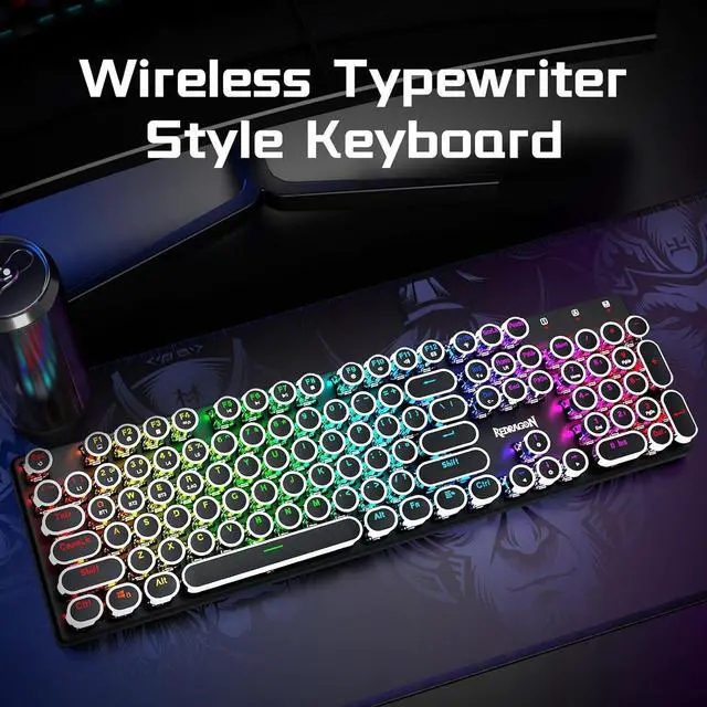 Alt view image 2 of 7 - Typewriter Keyboard Wireless, Mechanical Gaming Keyboard, uetooth/2.4Ghz/Wired, RGB LED Backlit, Rechargeae, ue Switch - Clicky, Solid Metal Panel, Round Keycaps, ack
