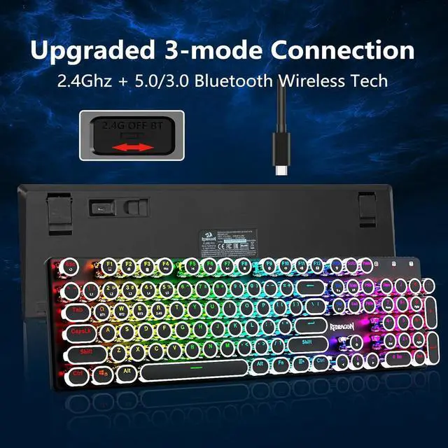 Alt view image 3 of 7 - Typewriter Keyboard Wireless, Mechanical Gaming Keyboard, uetooth/2.4Ghz/Wired, RGB LED Backlit, Rechargeae, ue Switch - Clicky, Solid Metal Panel, Round Keycaps, ack