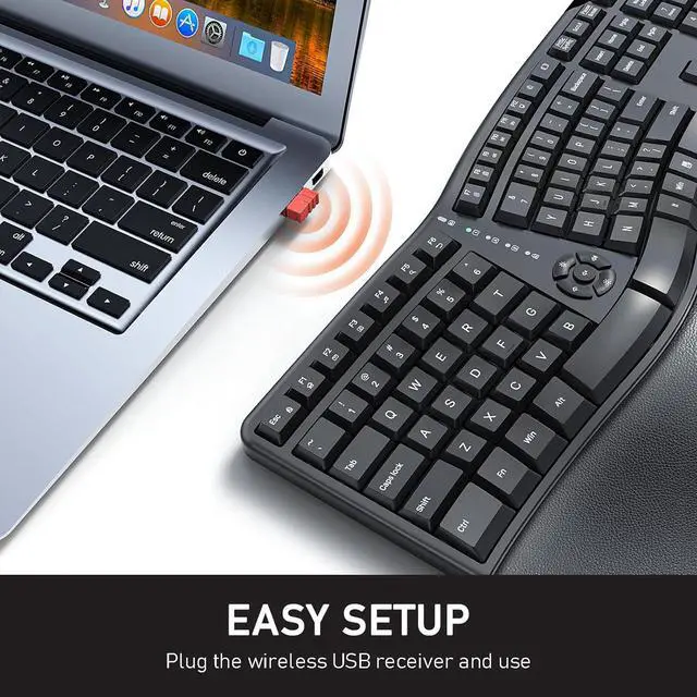 Alt view image 5 of 7 - MEETION Ergonomic Keyboard, Wireless Computer Keyboard, Ergo Split Keyboard with Cushioned Wrist, Palm Rest, Curved, Natural Typing, Full Size Rechargeable for Windows/Mac/Laptop/PC, Black