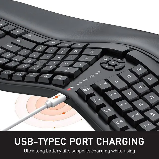 Alt view image 6 of 7 - MEETION Ergonomic Keyboard, Wireless Computer Keyboard, Ergo Split Keyboard with Cushioned Wrist, Palm Rest, Curved, Natural Typing, Full Size Rechargeable for Windows/Mac/Laptop/PC, Black