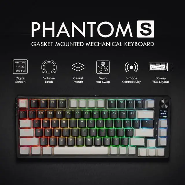 Alt view image 2 of 7 - TECWARE Phantom S 75% Gasket-Mounted Mechanical Keyboard w/TFT Display and Knob, Red Switches (Black/Grey) Linear Switch (Red Switch (Linear))