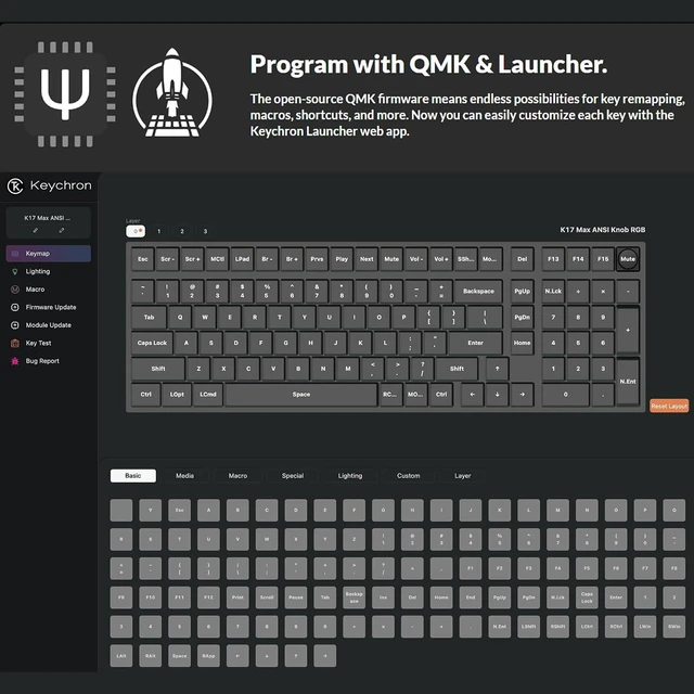 Alt view image 3 of 7 - Keychron K17 Max Custom Mechanical Keyboard, Programmable Knob Ultra-Slim 96% Layout, Bluetooth/2.4 GHz/Wired with White Backlight Low-Profile Gateron Red Switch for Mac Windows Linux