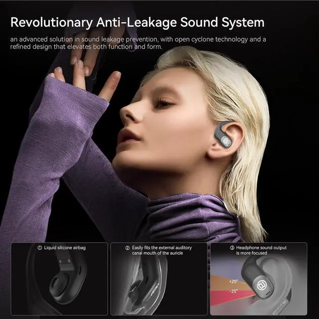 Alt view image 2 of 6 - BUGANI 2025 Bluetooth 5.4 Open Ear Headphone with Dual-Mic ENC Wireless Earbuds,360 Head-Tracking Spatial Audio, 75HRS Playtime,IPX5 Water Resistance for Sport and Workout