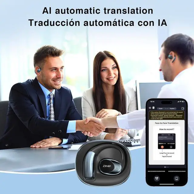 Alt view image 4 of 6 - ZIHNIC S09A Wireless 4-Mode Translation Earphones - Real-Time Language Translation, Comfortable Ear Hooks, IPX5 Waterproof, Compatible with Phone, Android Phone-Black