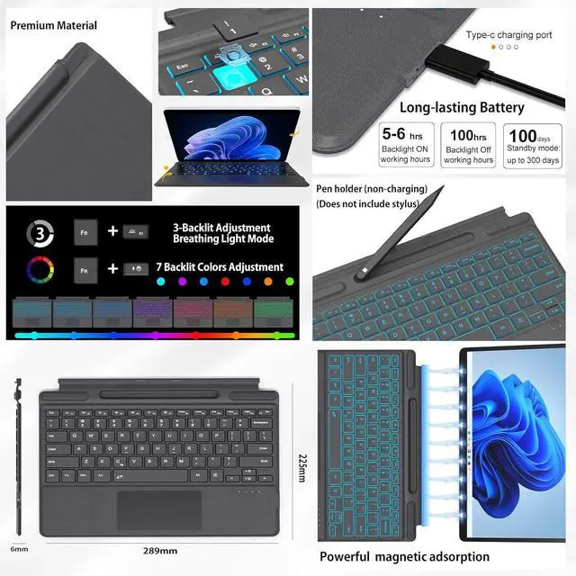 Alt view image 4 of 7 - for Microsoft Surface Pro 11/10/9/8/X Keyboard, Bluetooth Wireless Magnetic Keyboard with Palm Rejection Touchpad, Rechargeable Battery, 7-Color Backlit, Pen Holder for Surface Pro 13inch