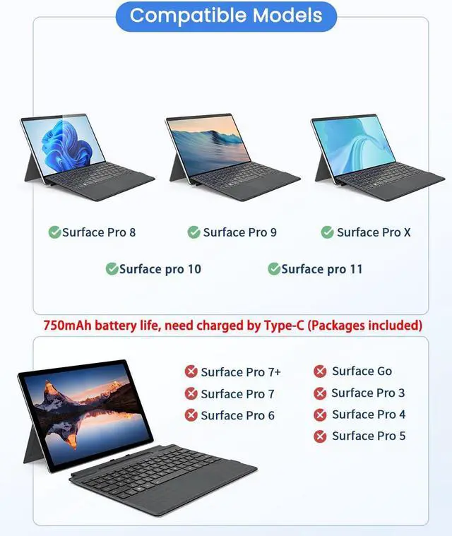 Alt view image 2 of 7 - Surface Pro Keyboard, Wireless Type Cover for Microsoft Surface Pro 11/10/9/8/X 13 inch, Ultra-Slim Bluetooth Portable Magnetic Keyboard with 7 Color Backlit, Pen Holder, Trackpad