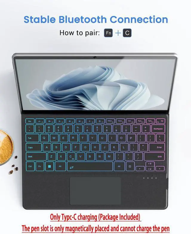 Alt view image 5 of 7 - Surface Pro Keyboard, Wireless Type Cover for Microsoft Surface Pro 11/10/9/8/X 13 inch, Ultra-Slim Bluetooth Portable Magnetic Keyboard with 7 Color Backlit, Pen Holder, Trackpad