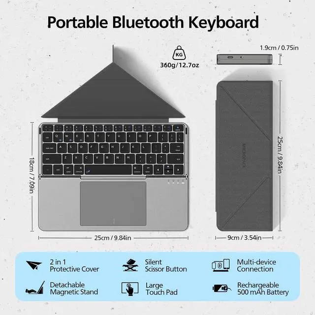 Alt view image 2 of 7 - MicroPack Foldable Bluetooth Keyboard with Touchpad & Stand, PU Leather Cover, 500mAh Battery. Ultra-Thin Portable Keyboard Compatible with iPad Pro/Air/Mini/Tablet - Grey