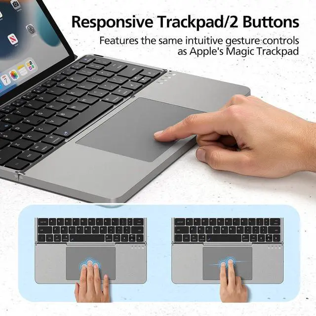 Alt view image 3 of 7 - MicroPack Foldable Bluetooth Keyboard with Touchpad & Stand, PU Leather Cover, 500mAh Battery. Ultra-Thin Portable Keyboard Compatible with iPad Pro/Air/Mini/Tablet - Grey