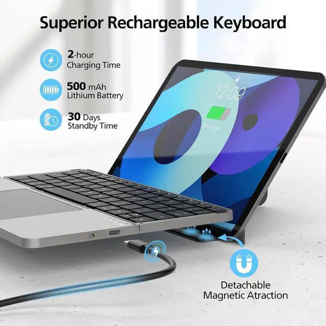 Alt view image 4 of 7 - MicroPack Foldable Bluetooth Keyboard with Touchpad & Stand, PU Leather Cover, 500mAh Battery. Ultra-Thin Portable Keyboard Compatible with iPad Pro/Air/Mini/Tablet - Grey
