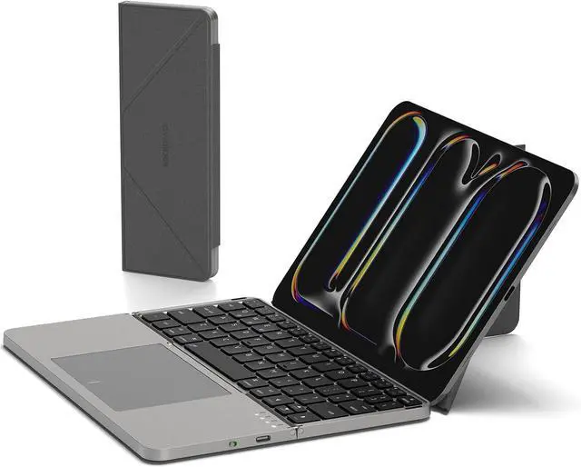 Main image of MicroPack Foldable Bluetooth Keyboard with Touchpad & Stand, PU Leather Cover, 500mAh Battery. Ultra-Thin Portable Keyboard Compatible with iPad Pro/Air/Mini/Tablet - Grey
