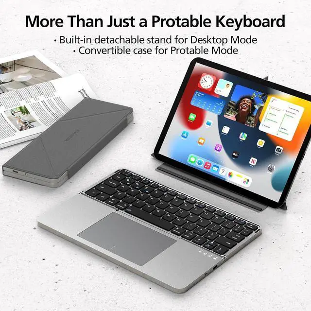 Alt view image 7 of 7 - MicroPack Foldable Bluetooth Keyboard with Touchpad & Stand, PU Leather Cover, 500mAh Battery. Ultra-Thin Portable Keyboard Compatible with iPad Pro/Air/Mini/Tablet - Grey