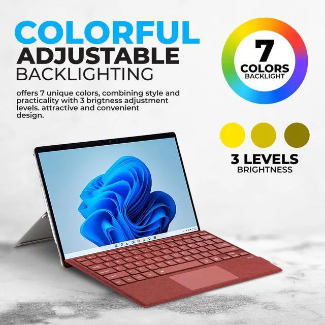 Alt view image 5 of 6 - Keyboard Type Cover for Microsoft Surface Pro 7+ Pro 7 Pro 6 Pro 5 Pro4 Pro3, 12.3 inch, Ultra-Slim Bluetooth Multi-Touchpad Mouse Rechargeable, 7-Color LED Backlit (Poppy Red with Backlit)