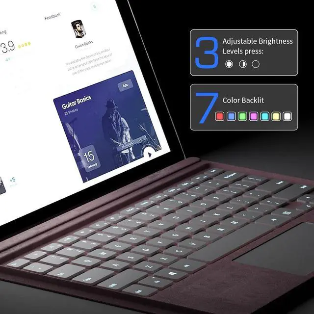 Alt view image 4 of 7 - Junfire Detachable Keyboard for Microsoft Surface Pro 7 Plus/Pro7/6/5/4/3  7-Color Backlit Wireless Keyboard with Touchpad, 14 Shortcut Keys, 30H Battery  Magnetic & Slim Design, Pink