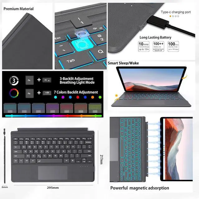 Alt view image 5 of 7 - for Surface Pro 7 Pro 6 Pro 5 Pro 4 Pro 3, Bluetooth Wireless Keyboard with Palm Rejection Touchpad, Rechargeable Battery, 7-Color Backlit for Microsoft Surface Pro 12.3 inch