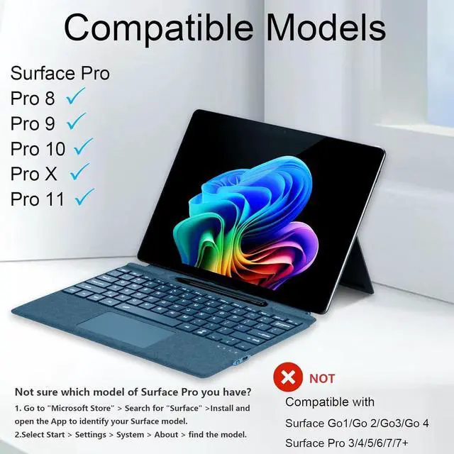 Alt view image 2 of 7 - Type Cover for Microsoft Surface Pro 11 Pro 10 Pro 9 Pro 8 Pro X, 13 inch, Ultra-Slim Bluetooth Keyboard with Multi-Touchpad Mouse Rechargeable, 7-Color LED Backlit (Sapphire with Backlit)