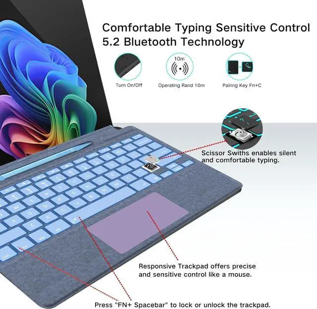 Alt view image 4 of 7 - Keyboard for Surface Pro 11/10/9/8/X (13inch), Portable Slim Type Cover for Surface Pro, Wireless Bluetooth Keyboard with Touchpad, Backlits,Built in Pencil Holder,Dark Green