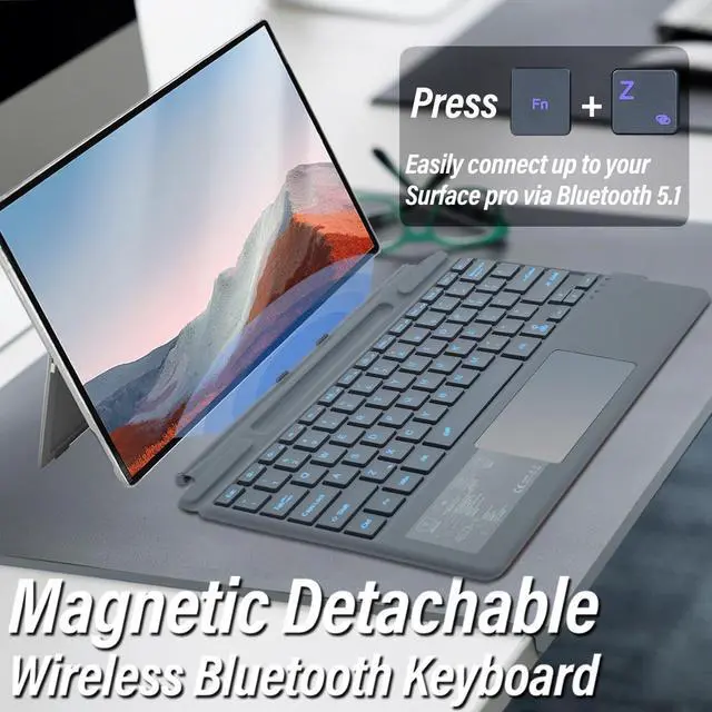 Alt view image 3 of 7 - Backlit Keyboard for Surface Pro 11/10/9/8/X, 7 Colors Font Backlight Detachable Wireless Type Cover Keyboard with Trackpad/Pen Holder Compatible with Microsoft Surface Pro 11/10/9/8/X 13 Inch
