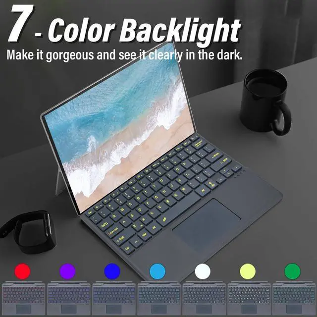 Alt view image 5 of 7 - Backlit Keyboard for Surface Pro 11/10/9/8/X, 7 Colors Font Backlight Detachable Wireless Type Cover Keyboard with Trackpad/Pen Holder Compatible with Microsoft Surface Pro 11/10/9/8/X 13 Inch