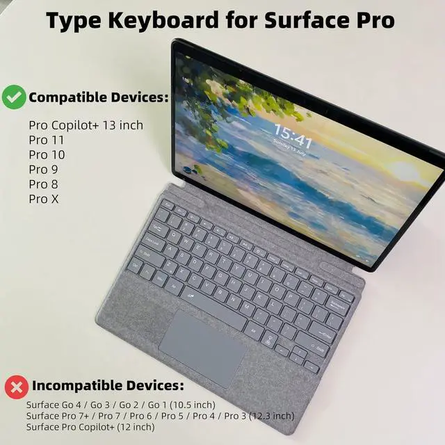 Alt view image 2 of 6 - Keyboard for Microsoft Surface Pro Copilot+ (11th Edition) / Pro 11 / Pro 10 / Pro 9 / Pro 8 / Pro X, 13 inch, Detachable Type Cover with Touchpad, 7-Color Backlit & Pen Holder (Light Grey)